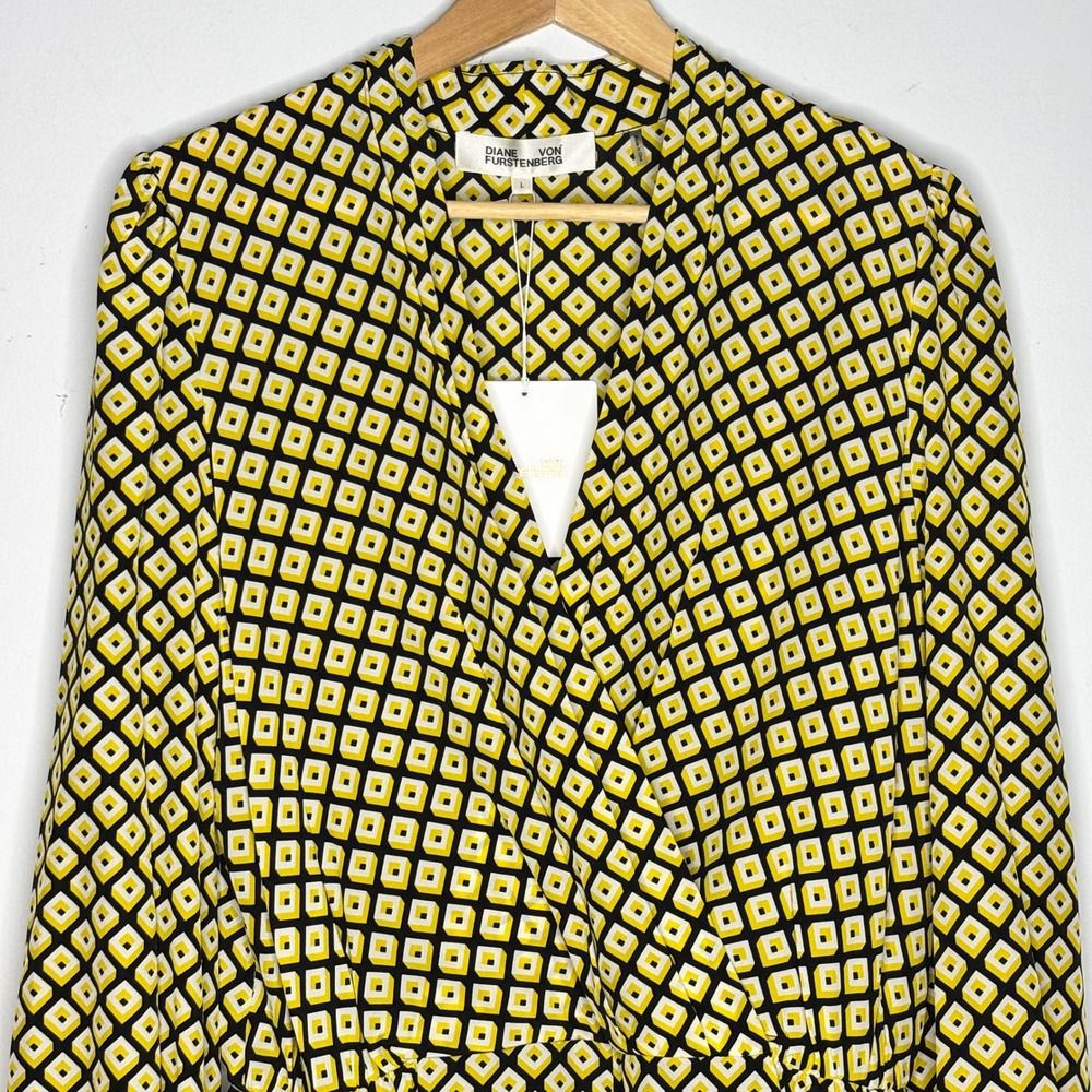Diane von Furstenberg Silk Yellow Black Geometric Print‎ Long Sleeve Romper Sz L - Picture 3 of 11
